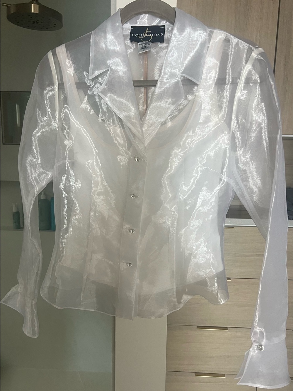 JS Collections White Sheer Organza Crystal Button-Front Blouse